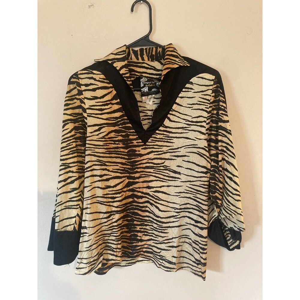 VTG Airellos Fashion Womens Gold Black Zebra Print Long Sleeved Top - sz 12 (UK)